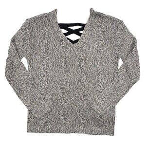 Lace-Up Back V-Neck Marled Knit Sweater Harper Heritage Black Cream L